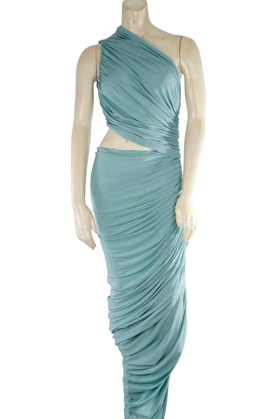 ALAIA Sage Green One Shoulder Asymmetric Cutout Ruched Jersey Cutout Dress 38
